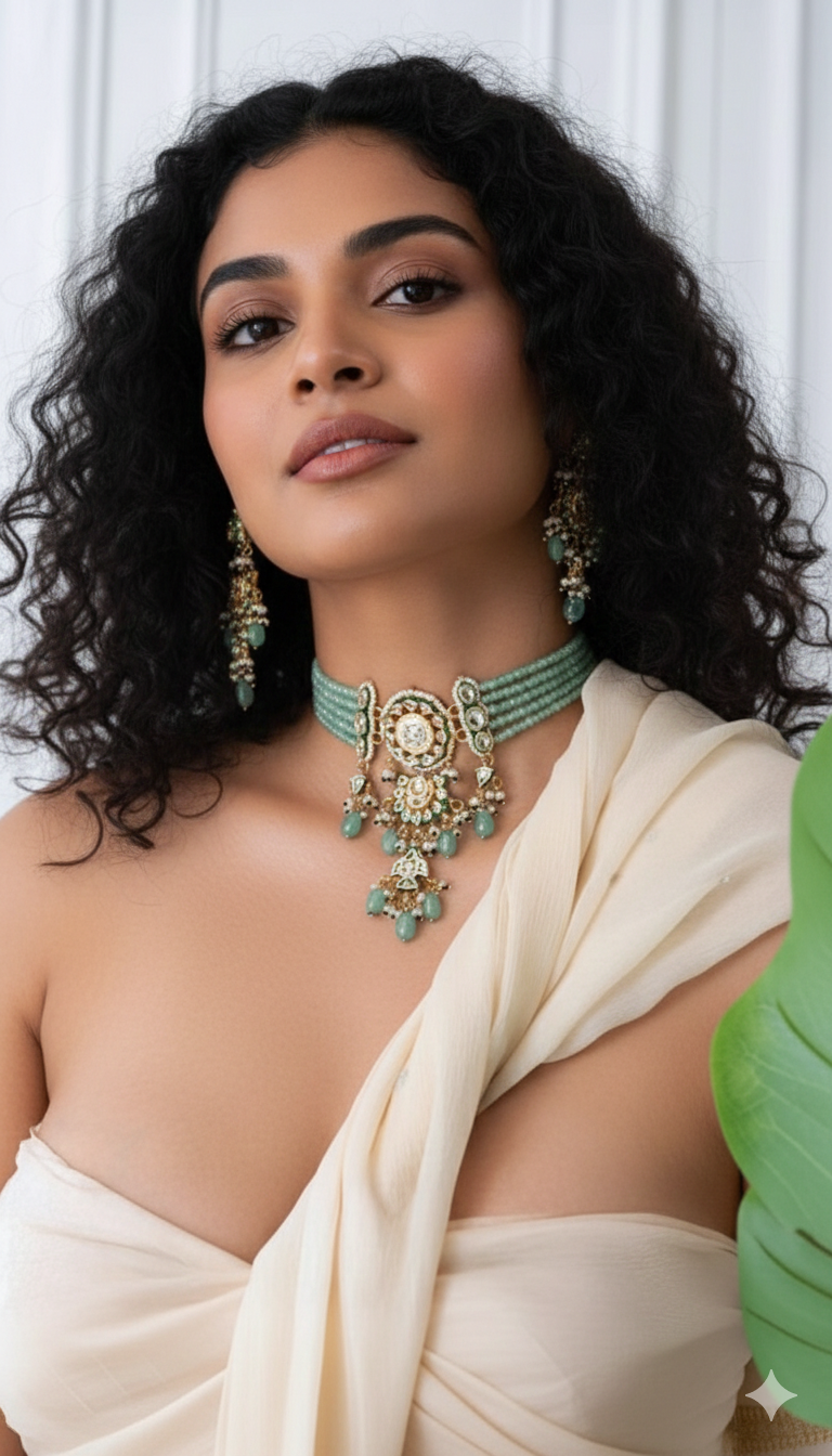 Bikaneri Emerald Dewdrop Kundan Choker Necklace set