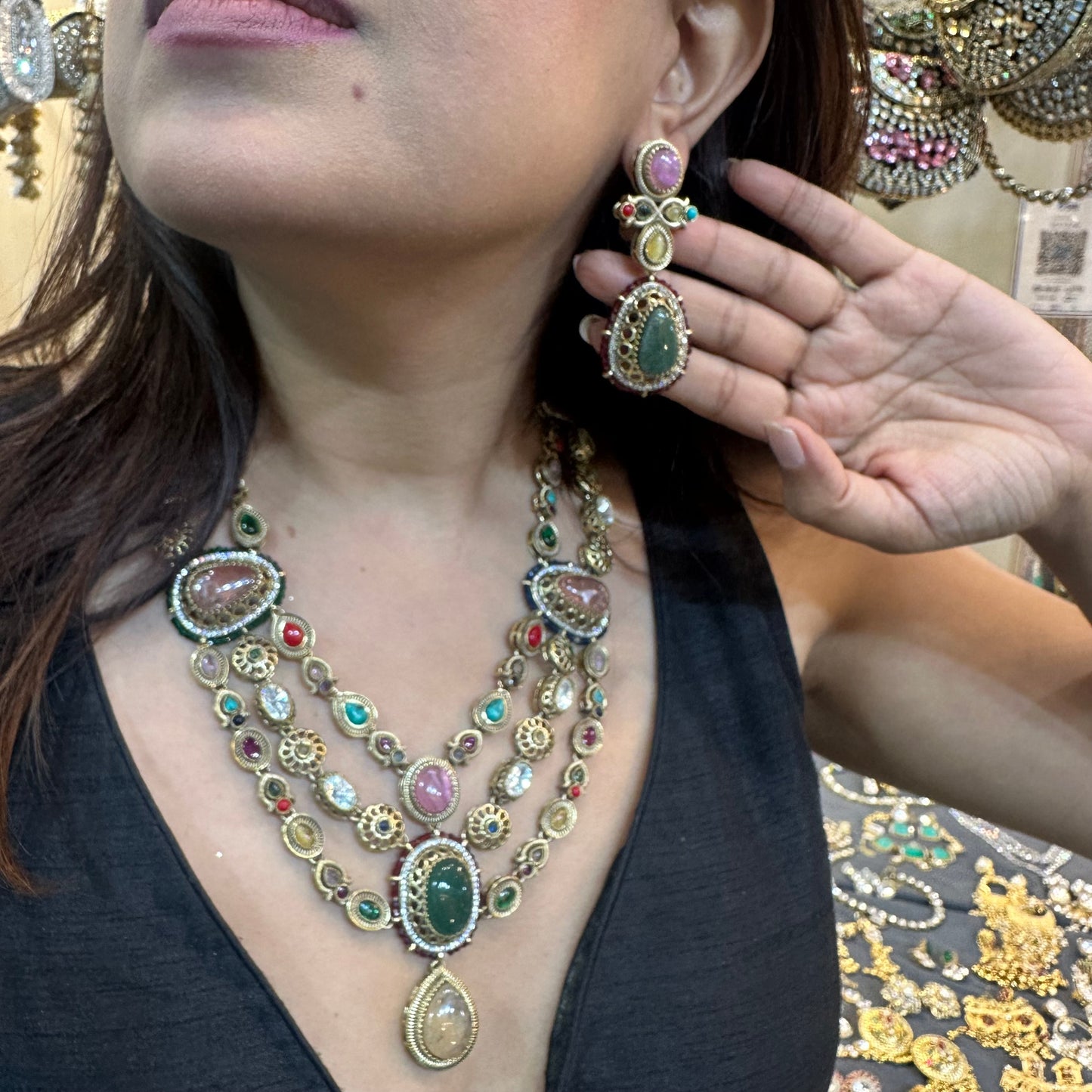 Noor-E-Gul – 3 Layer Heritage Polki Necklace with Multicolour Stones