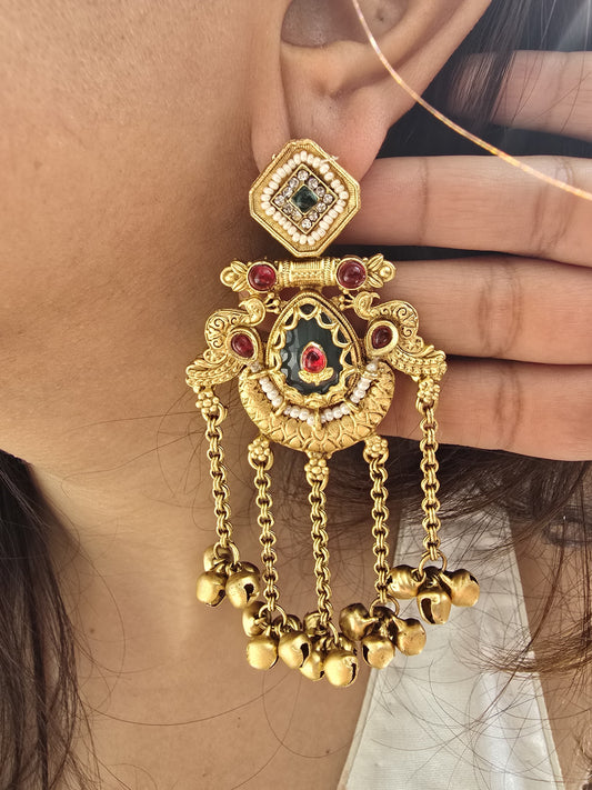 Anvika Temple Chain Danglers | Matte Golden Earrings