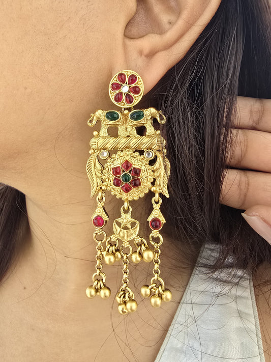 Kundan Chandbali Earrings | Matte Gold Elephant Temple Jewelry