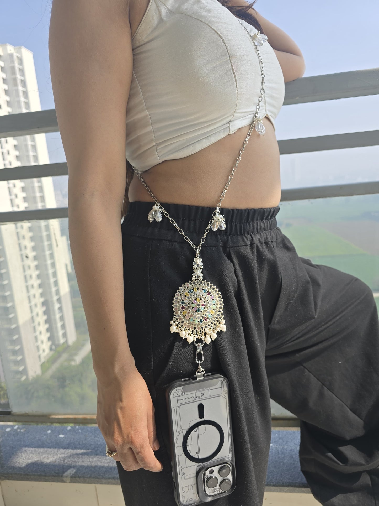 Handmade Silver Kundan Phone Sling – Silver Crossbody Chain with Charms, Universal Tether Tab