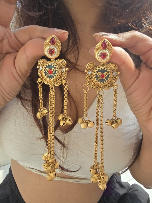 Mahira Gold Temple Jewellery Ghungroo Earrings | Matte gold Indian Jewellery