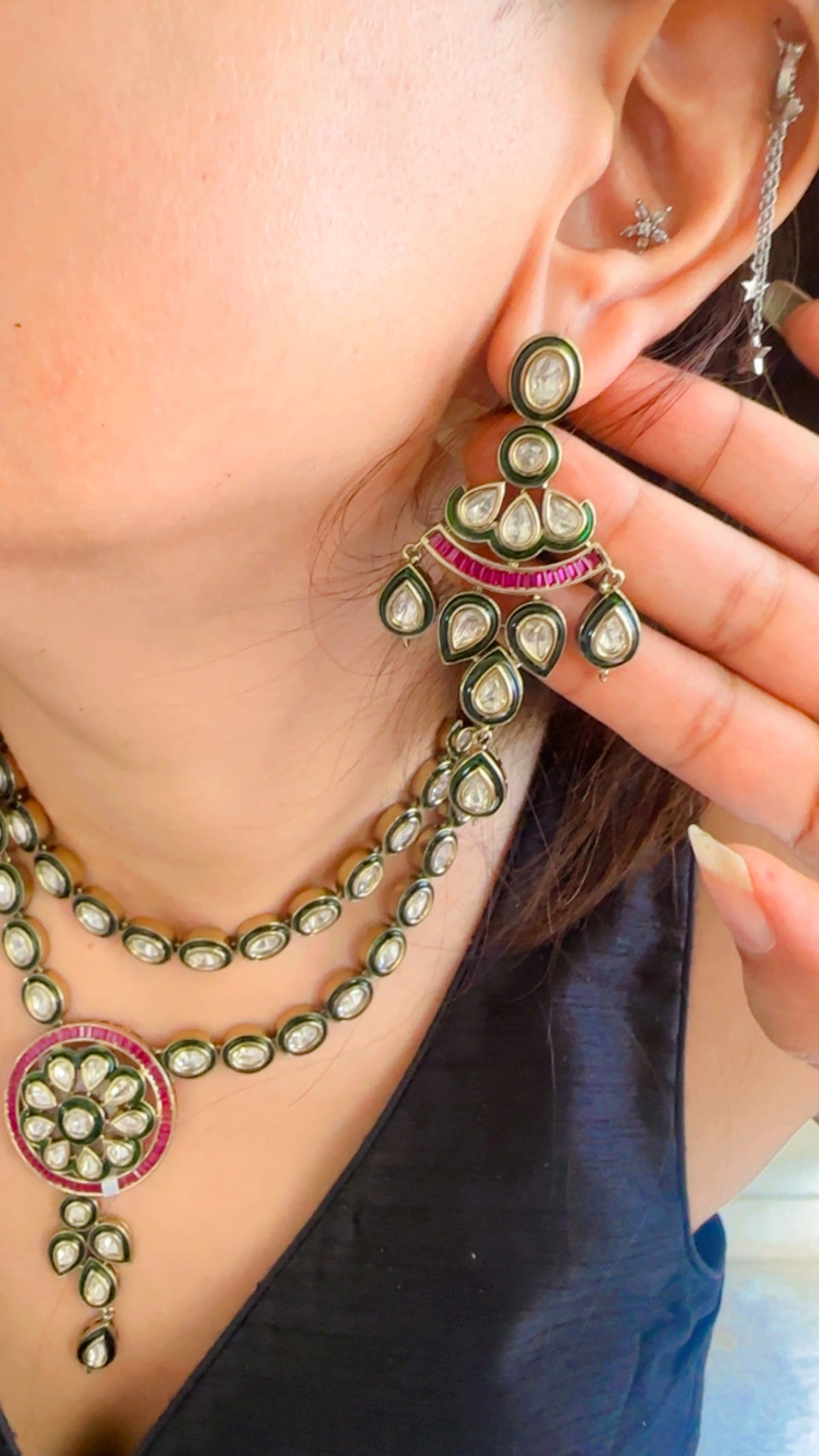 The Chandrika Layered Set – Double Strand Pachi Kundan Necklace with Floral Medallion & Chandelier Earrings