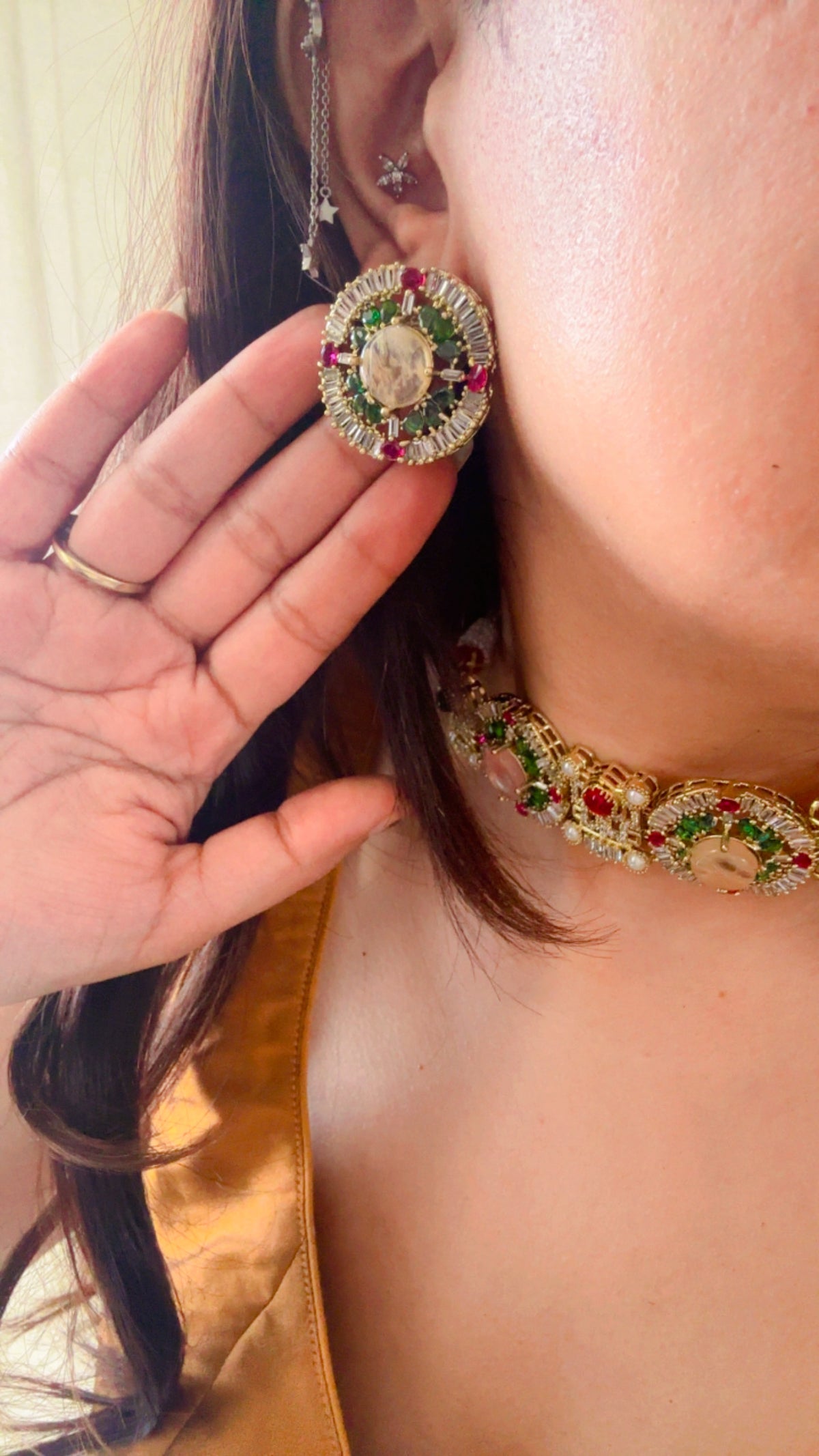 Sabyasachi Kundan Choker Necklace Set | Emerald Ruby Pastel Stones, Antique Gold Finish