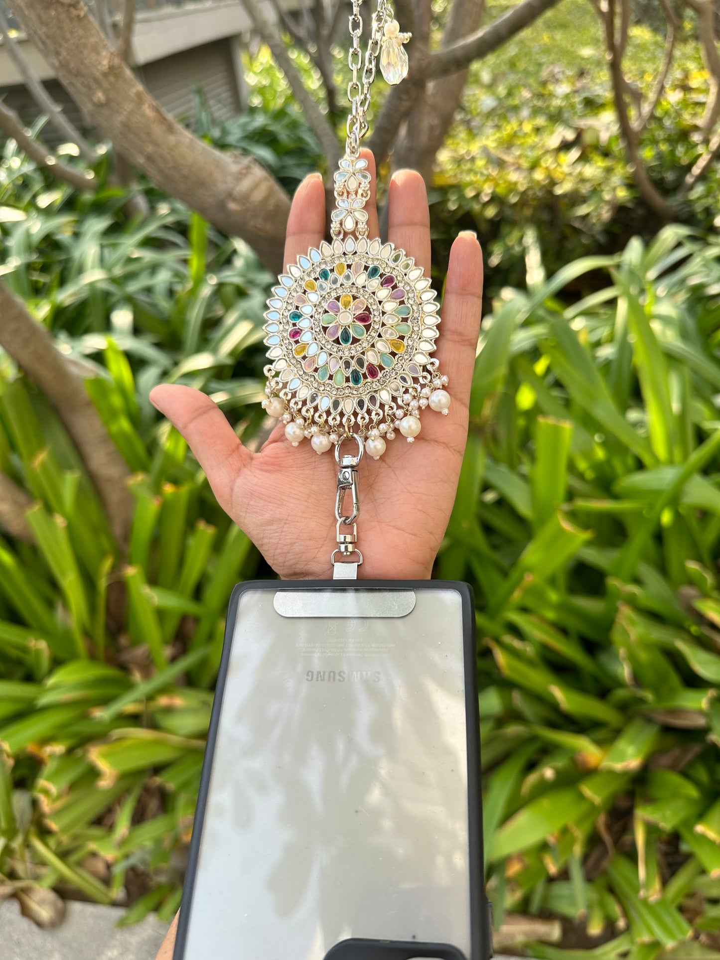 Handmade Silver Kundan Phone Sling – Silver Crossbody Chain with Charms, Universal Tether Tab