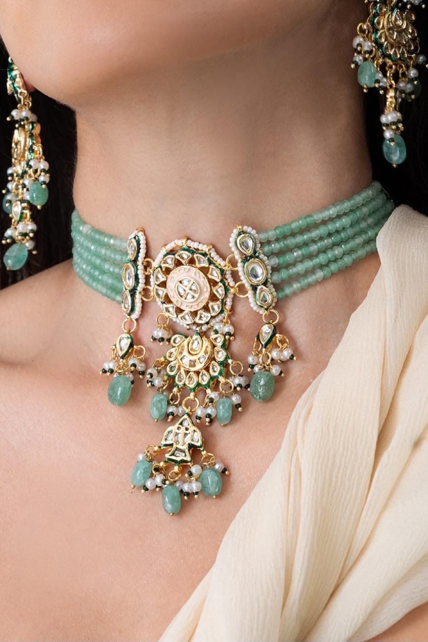 Bikaneri Emerald Dewdrop Kundan Choker Necklace set