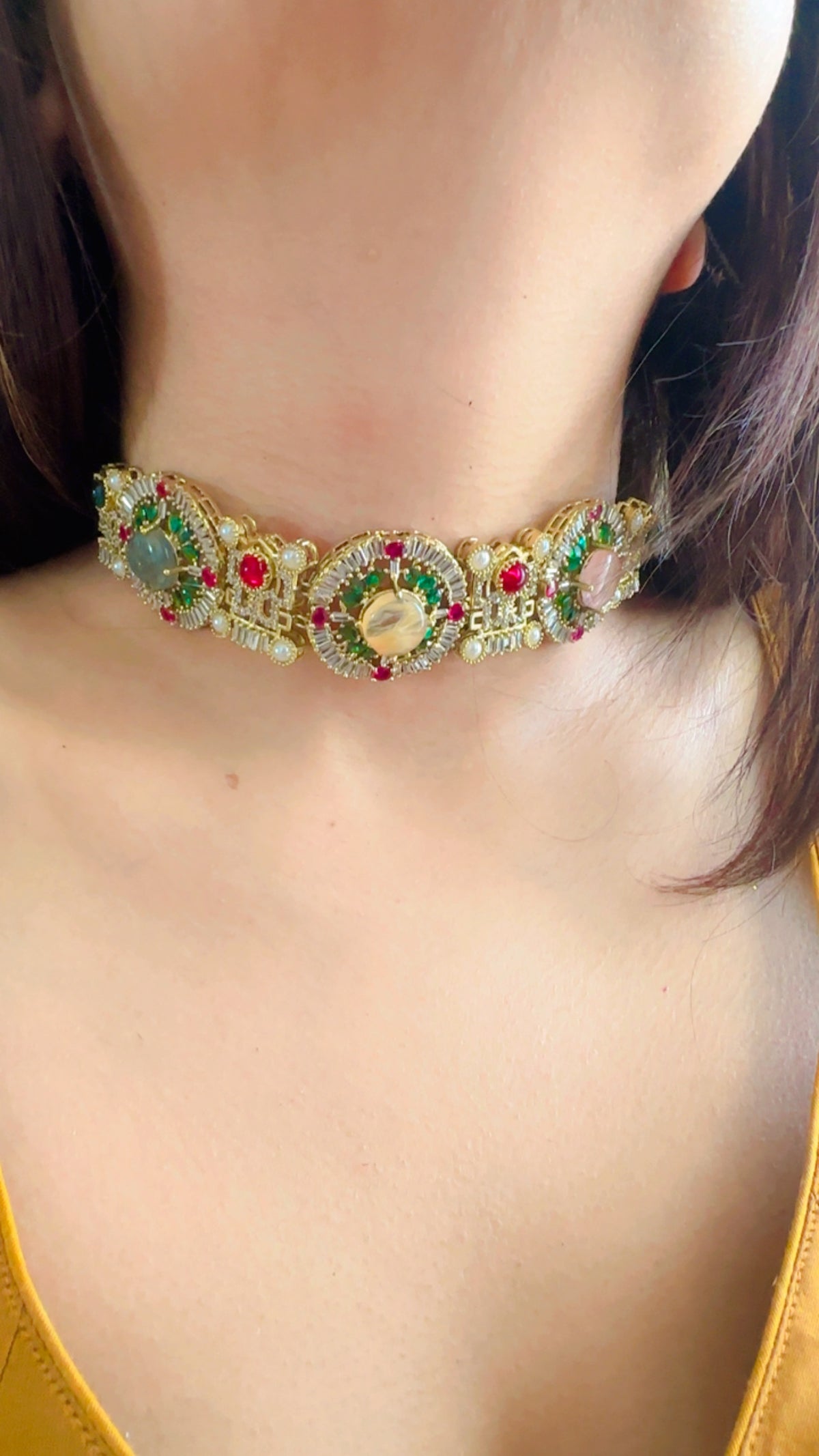 Sabyasachi Kundan Choker Necklace Set | Emerald Ruby Pastel Stones, Antique Gold Finish