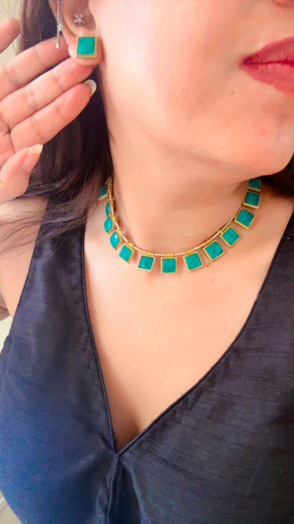 Raw Turquoise Square Tile Choker Set with Matching Square Studs | Sabyasachi Inspired Geometric Indian Minimalist Necklace