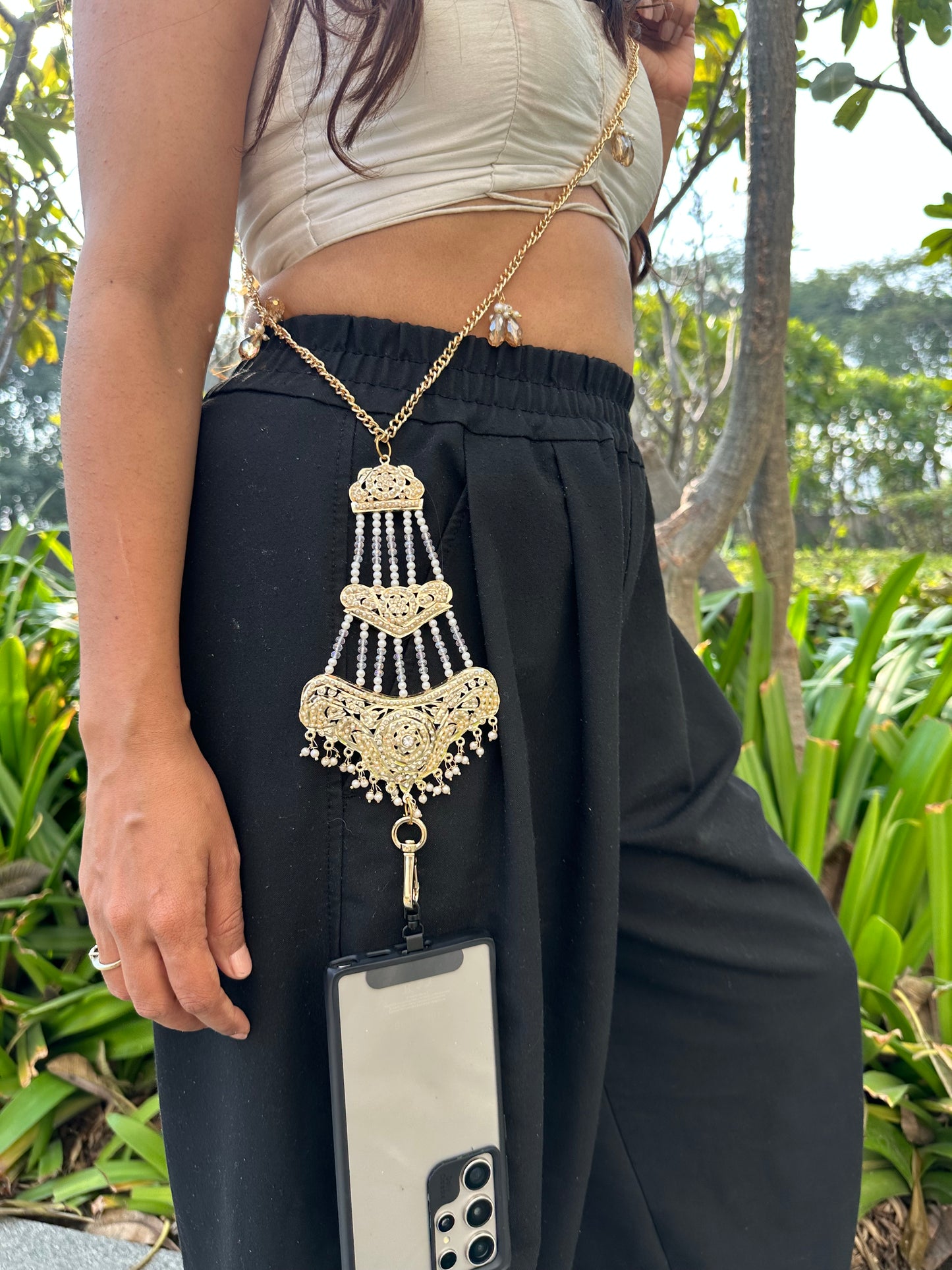 Handmade Tiered Kundan Phone Sling – Gold Crossbody Chain with Charms