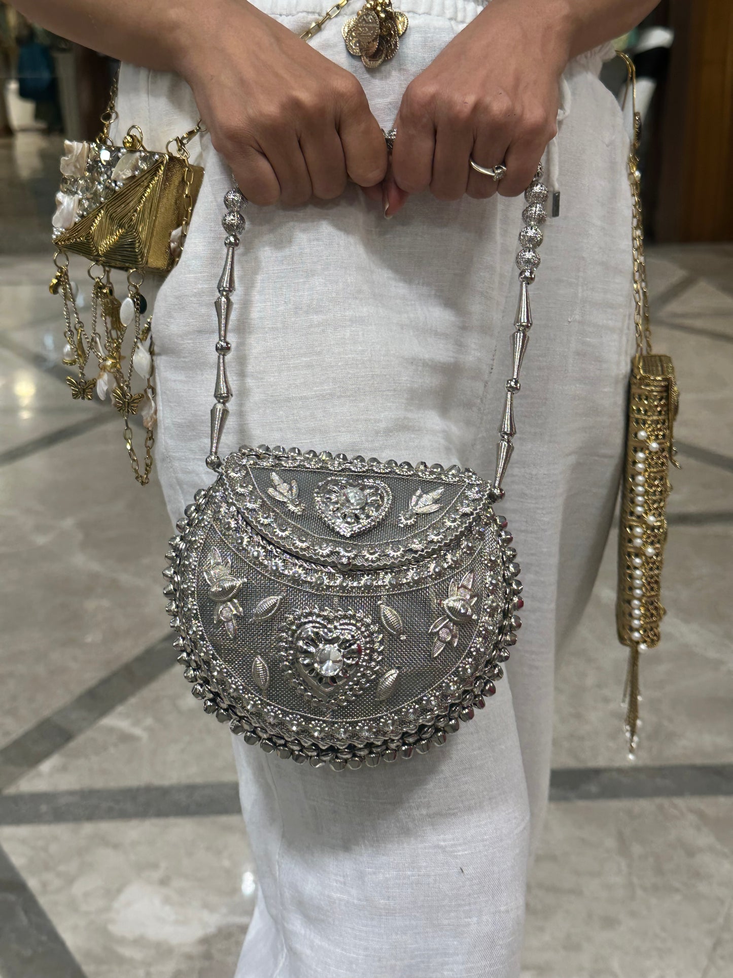 Silver Beaded Potli Clutch