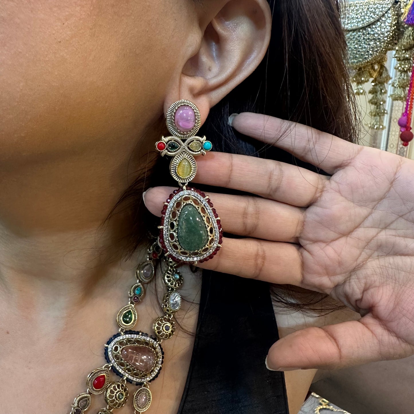 Noor-E-Gul – 3 Layer Heritage Polki Necklace with Multicolour Stones