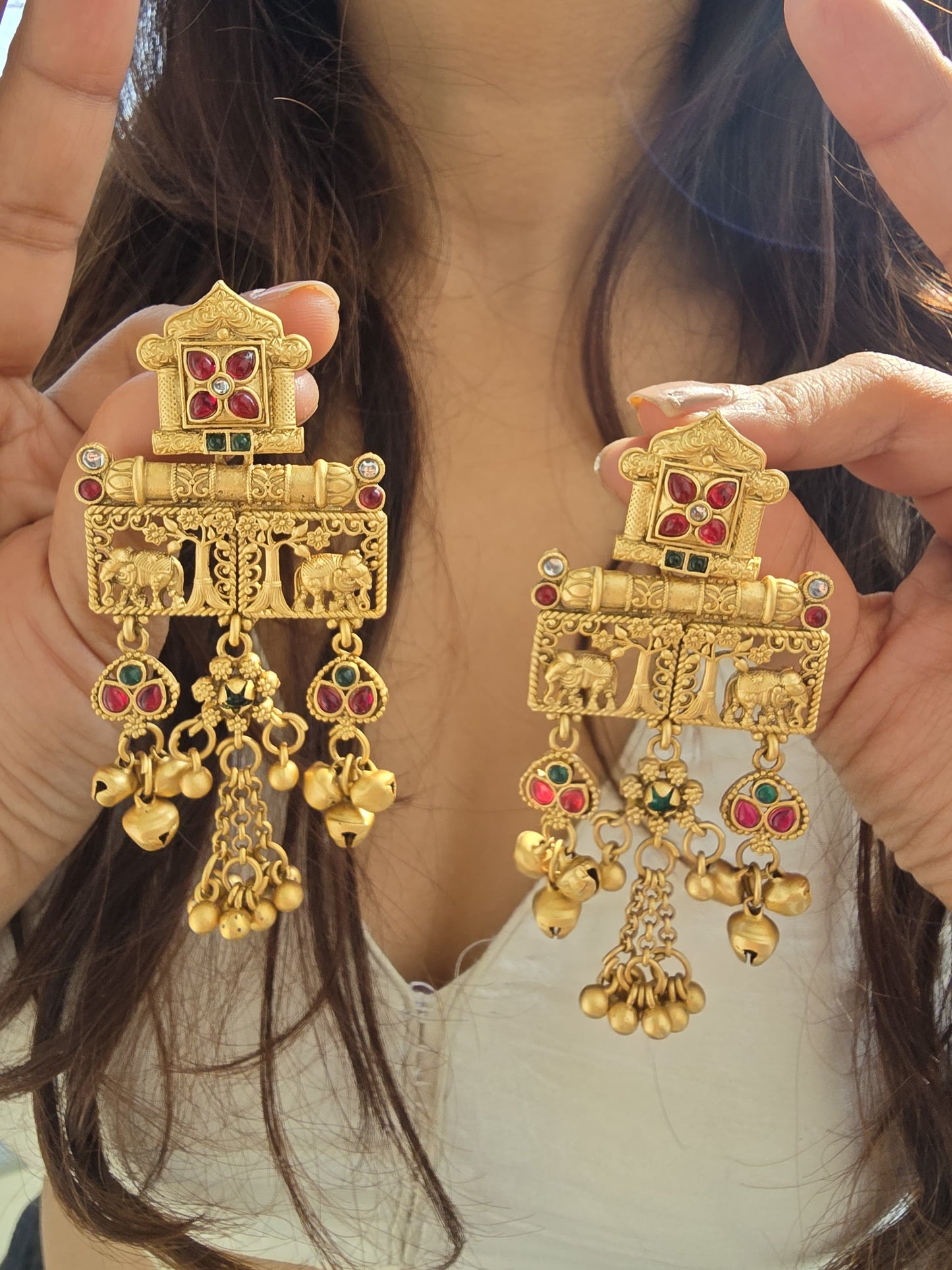 Elephant Temple Earrings | Matte Gold Indian Jewelry