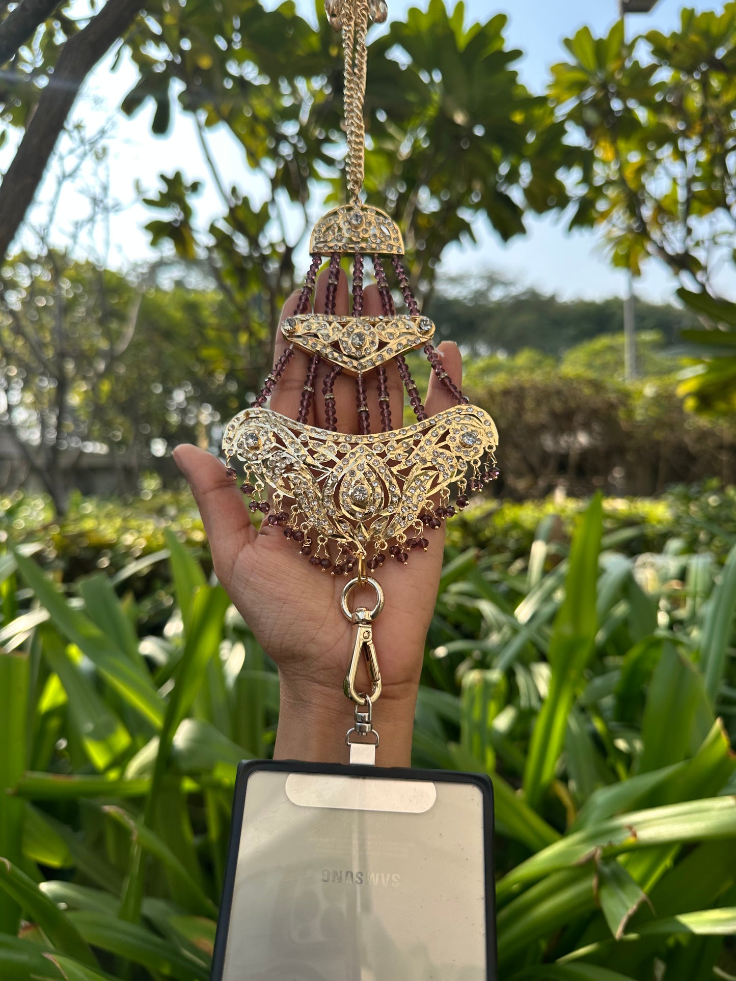 Handmade Tiered Kundan Phone Sling – Gold Crossbody Chain with Charms
