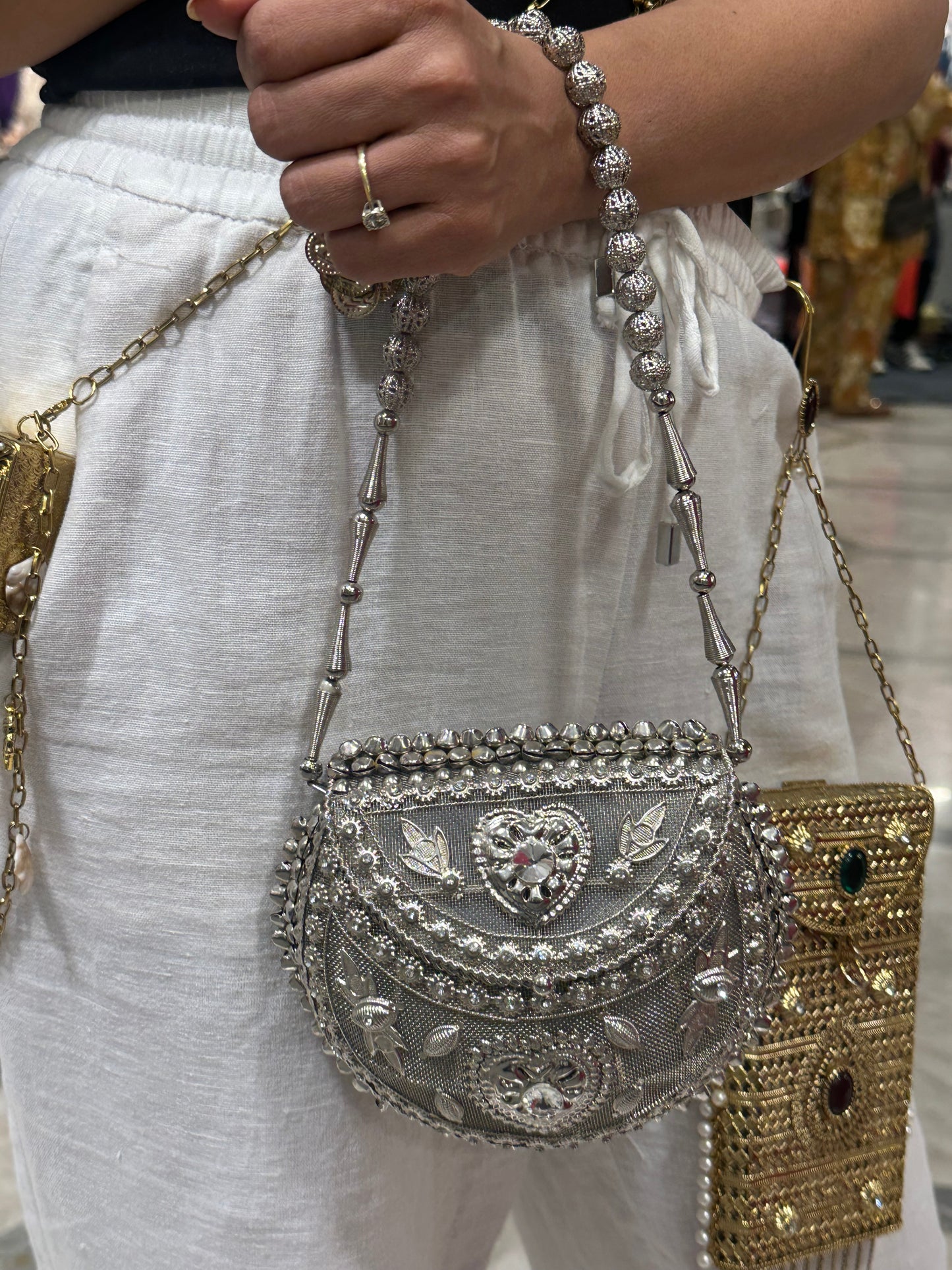 Silver Beaded Potli Clutch