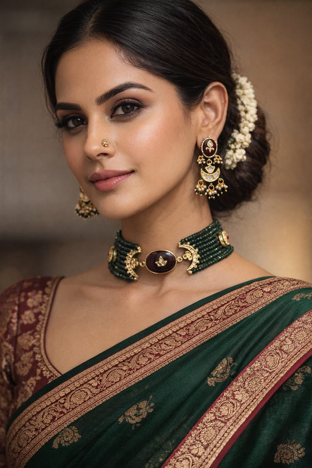 Emerald Green Multi-Strand Choker Set with Ruby Red Stone & Kundan Crescent Details