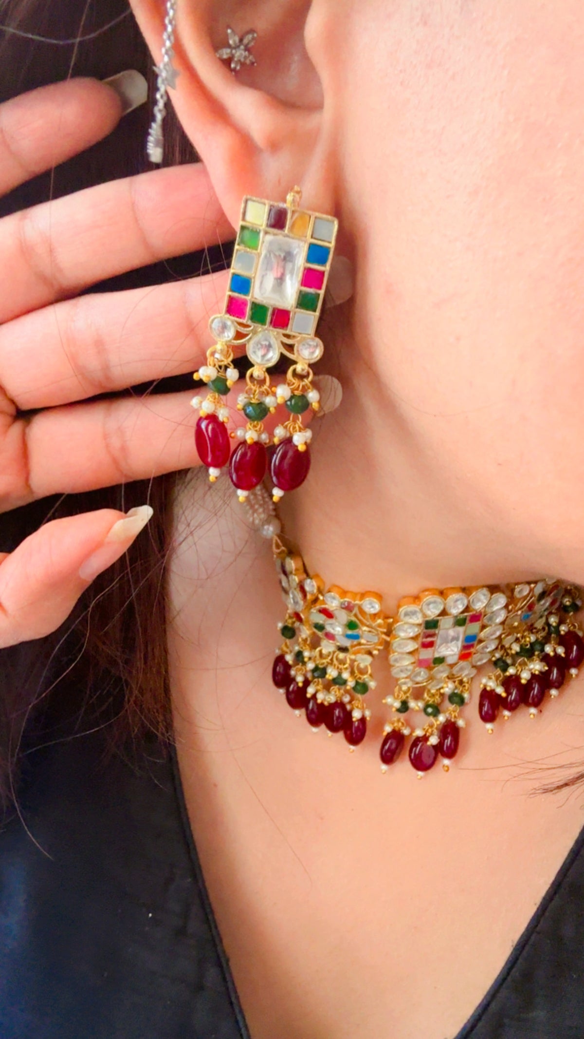 Square Meenakari Red Drop | Traditional Pachi Kundan Choker Set with Pearl Strand & Hanging Beads | Meenakari Indian Bridal Jewelry | Pearl Cord Choker Earrings Set