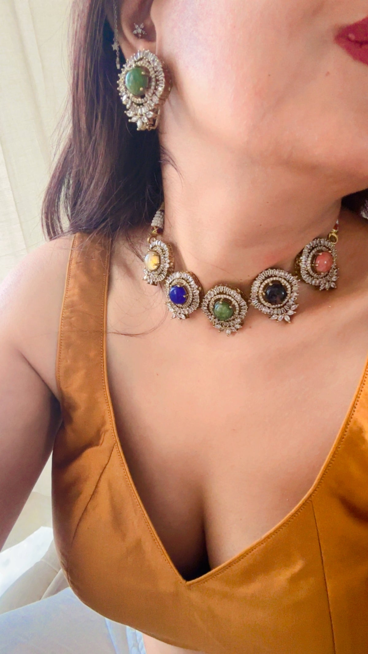 Sabyasachi Inspired Kundan Choker Necklace Set | Pastel Stones, Crystal Halo, Antique Gold Plating