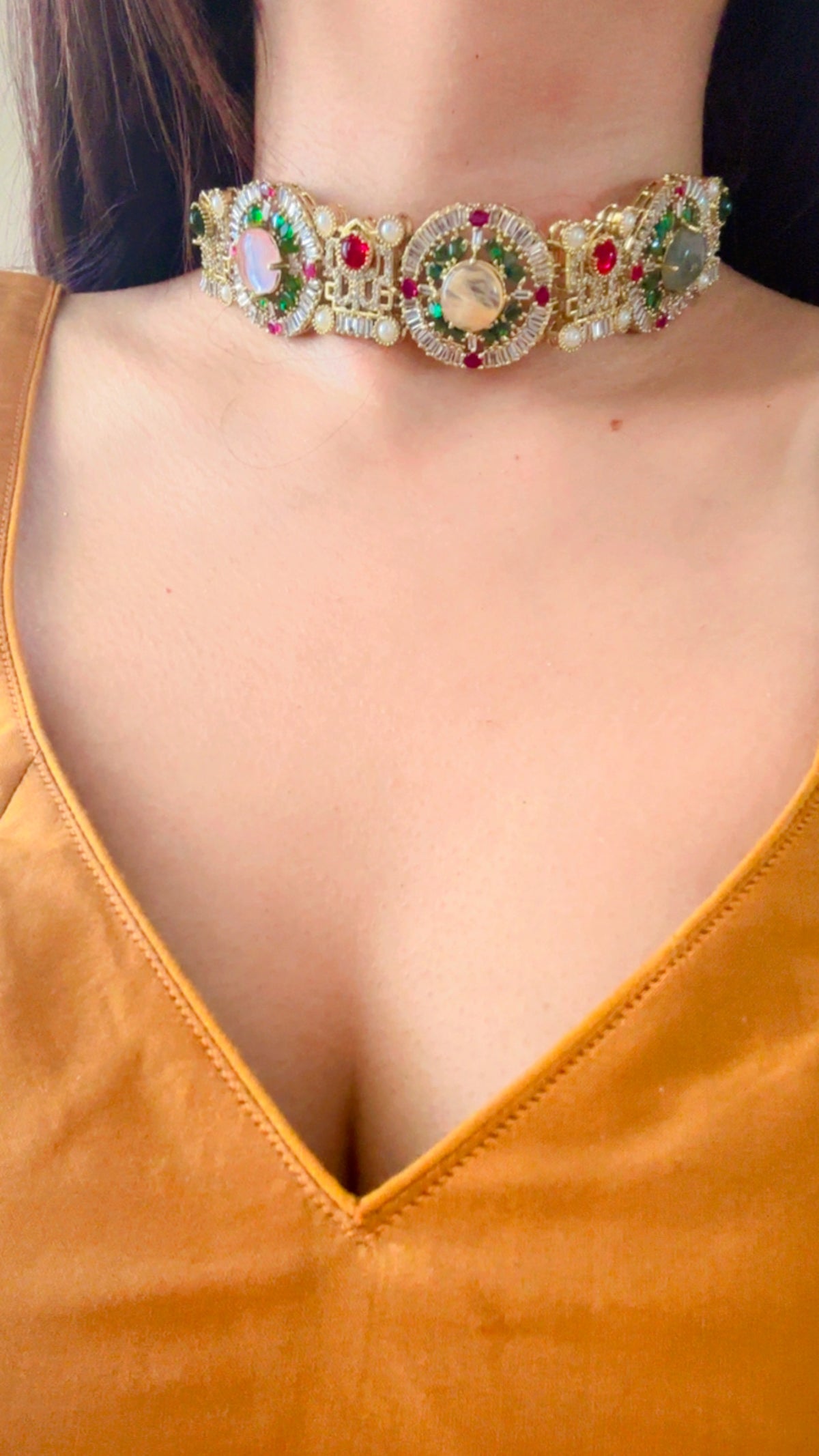 Sabyasachi Kundan Choker Necklace Set | Emerald Ruby Pastel Stones, Antique Gold Finish