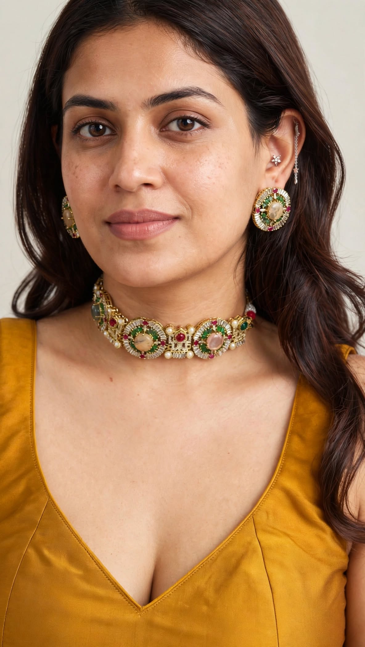 Sabyasachi Kundan Choker Necklace Set | Emerald Ruby Pastel Stones, Antique Gold Finish