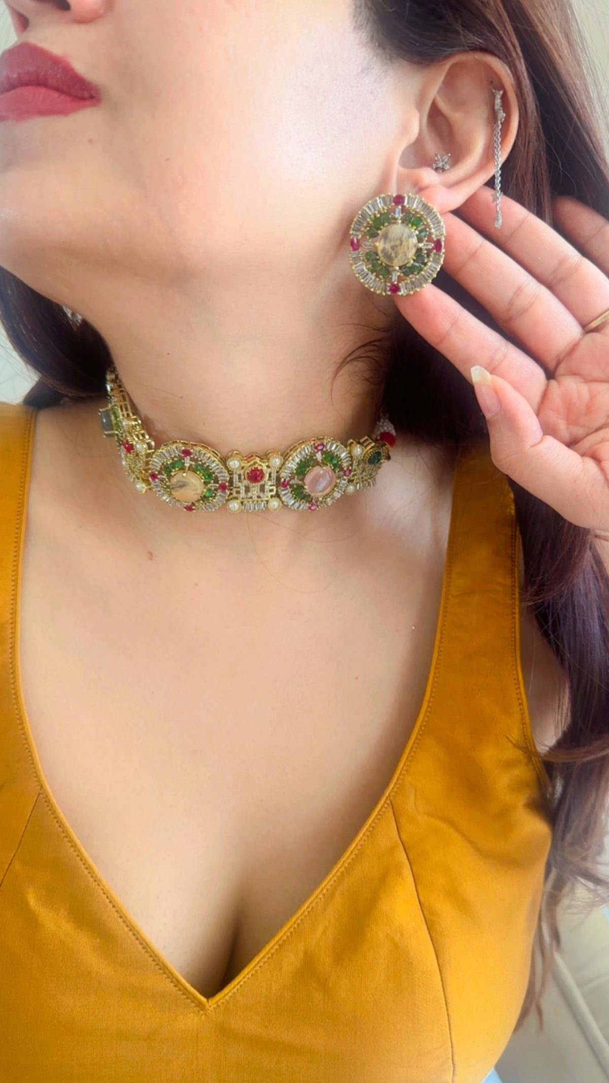Sabyasachi Kundan Choker Necklace Set | Emerald Ruby Pastel Stones, Antique Gold Finish