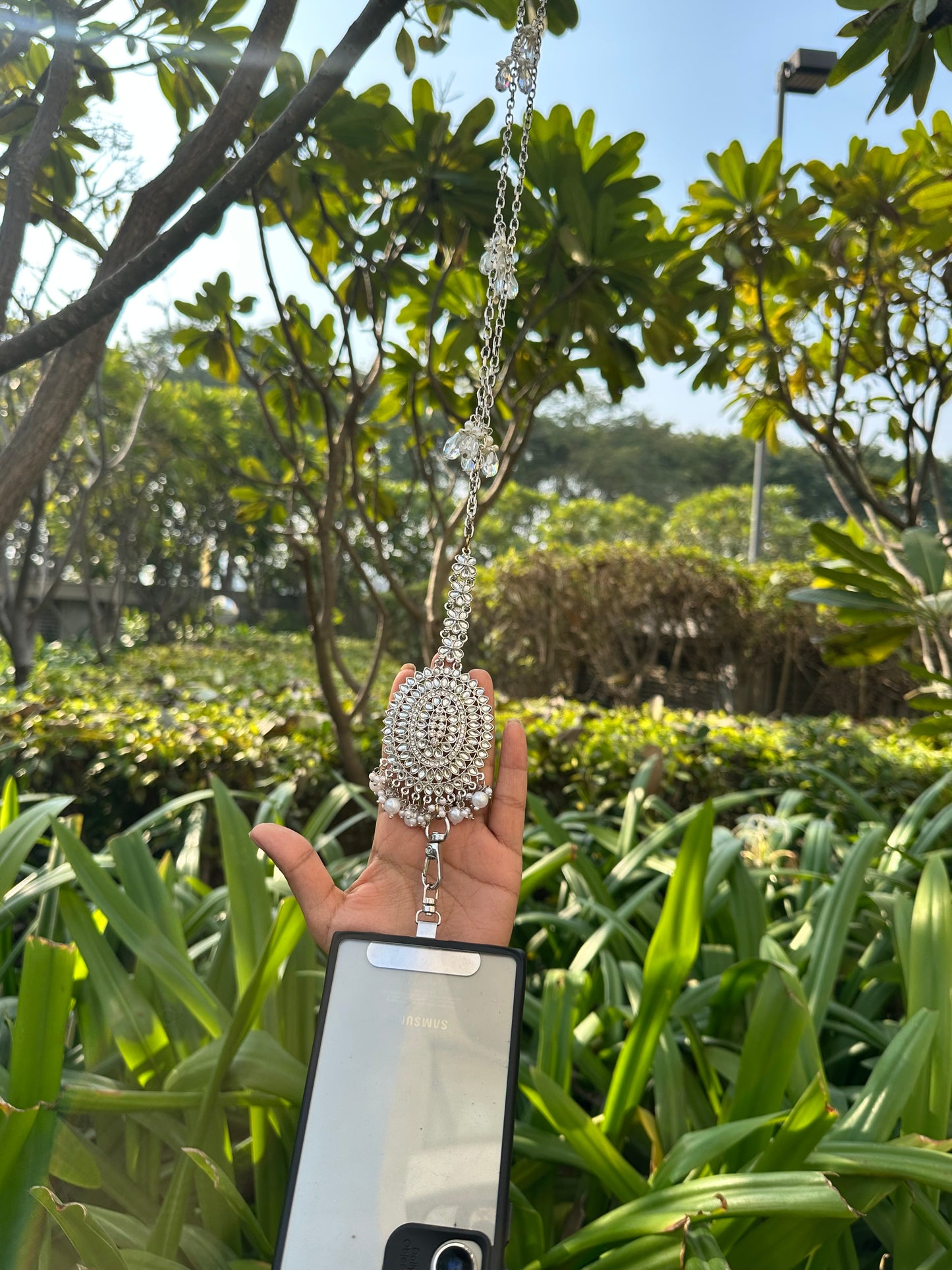 Handmade Silver Kundan Phone Sling – Silver Crossbody Chain with Charms, Universal Tether Tab