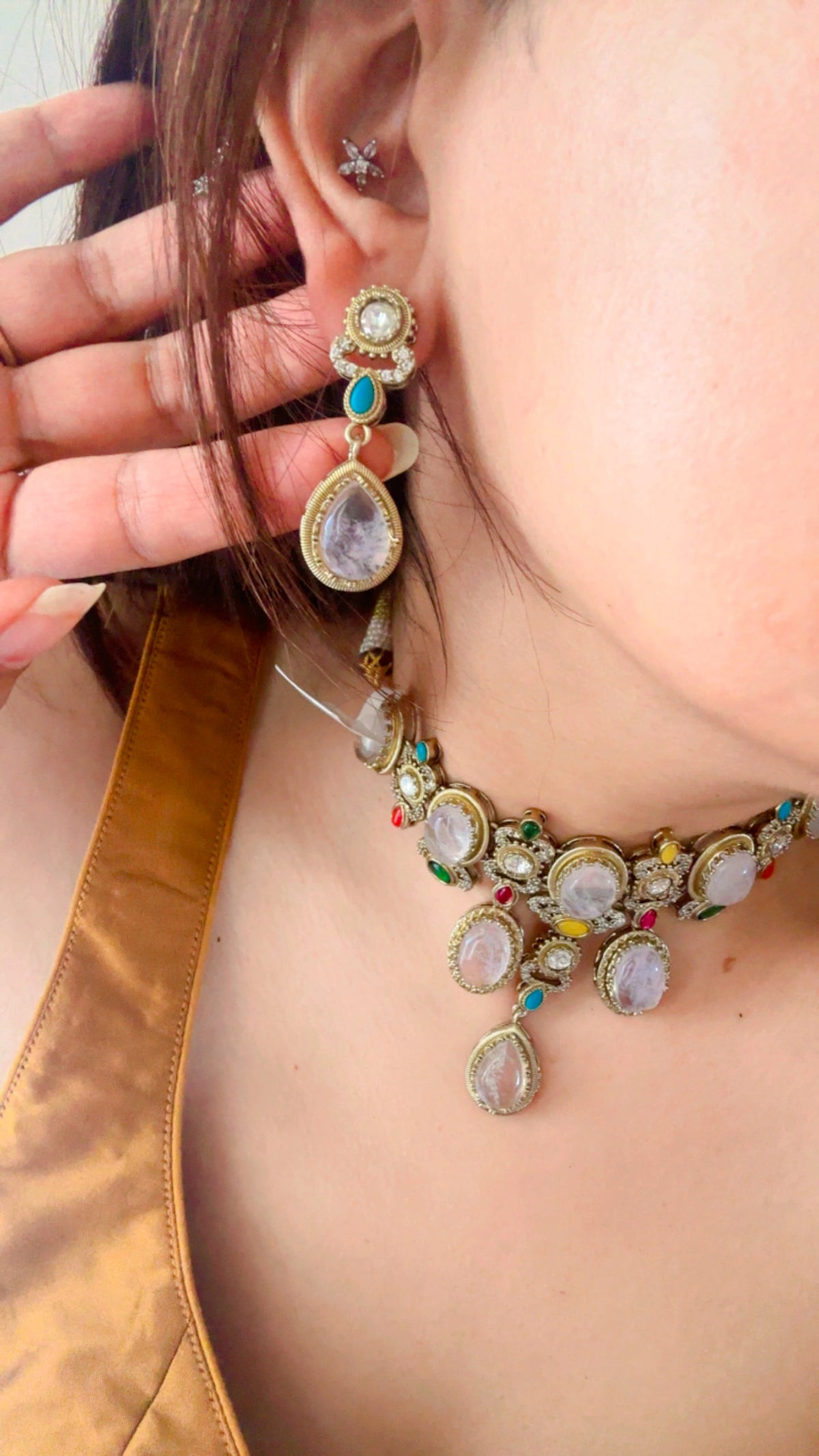 Pastel Rose Quartz Kundan Choker Set with Drop Teardrop Earrings | Sabyasachi Inspired Turquoise Accent Bridal Jewelry