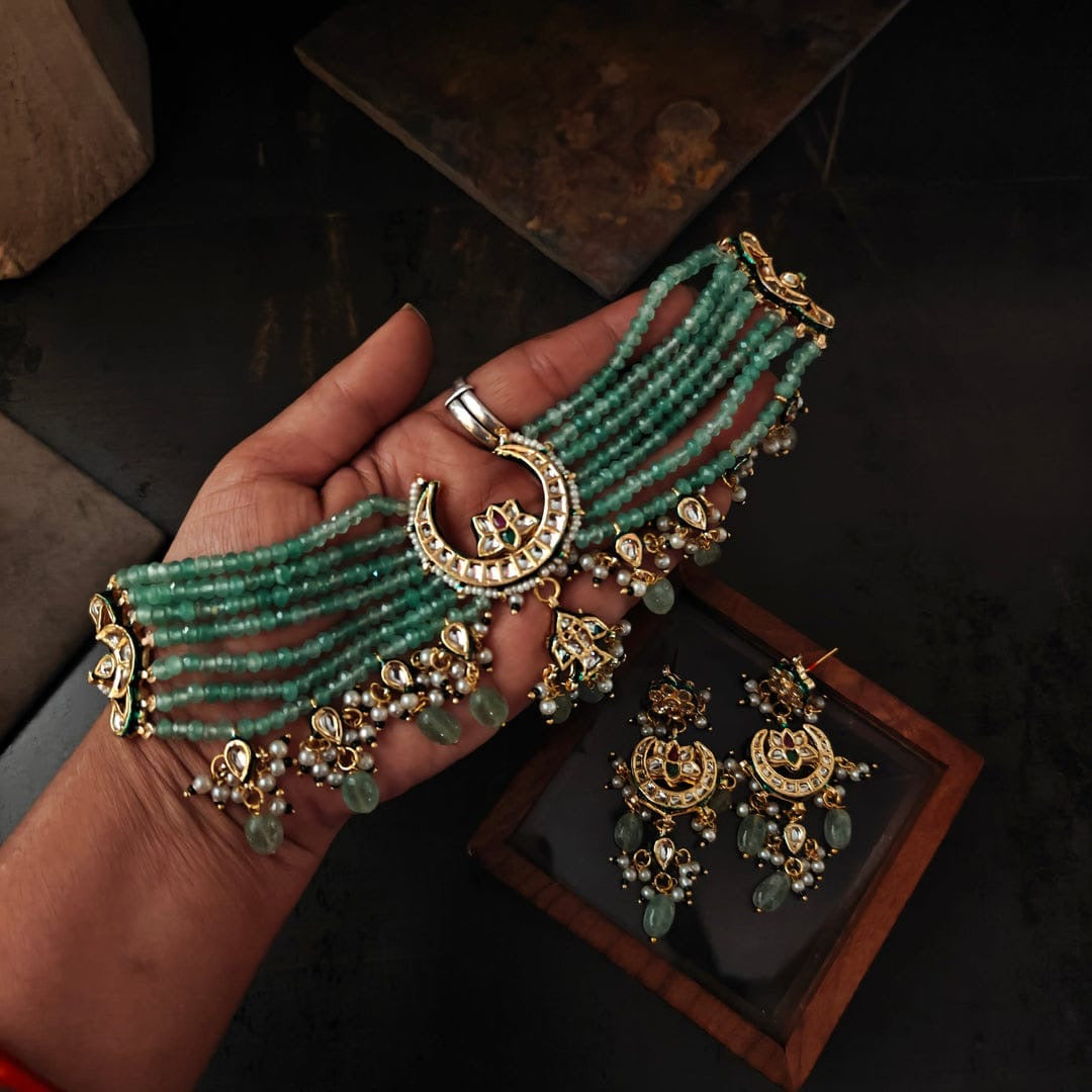 Bikaneri Mint Green Kundan Chaand Choker Necklace set
