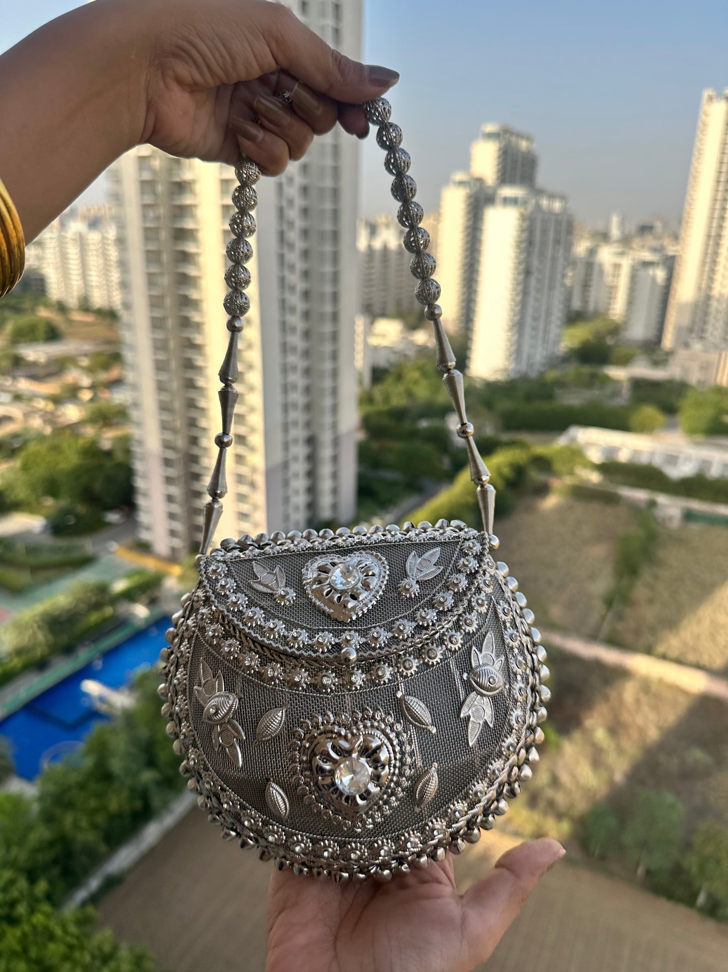 Silver Beaded Potli Clutch