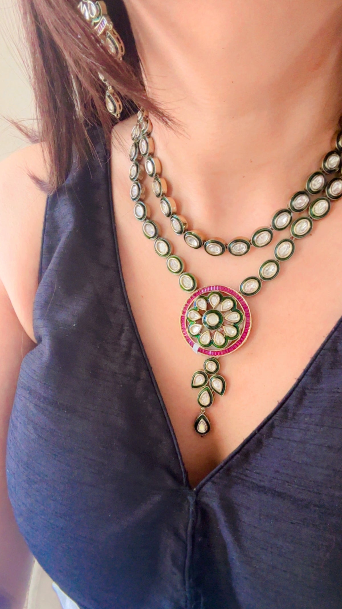 The Chandrika Layered Set – Double Strand Pachi Kundan Necklace with Floral Medallion & Chandelier Earrings