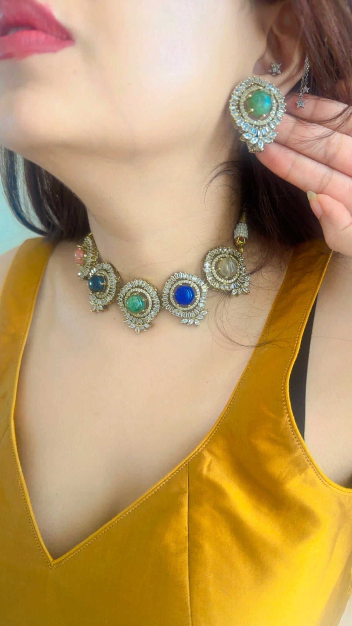 Sabyasachi Inspired Kundan Choker Necklace Set | Pastel Stones, Crystal Halo, Antique Gold Plating