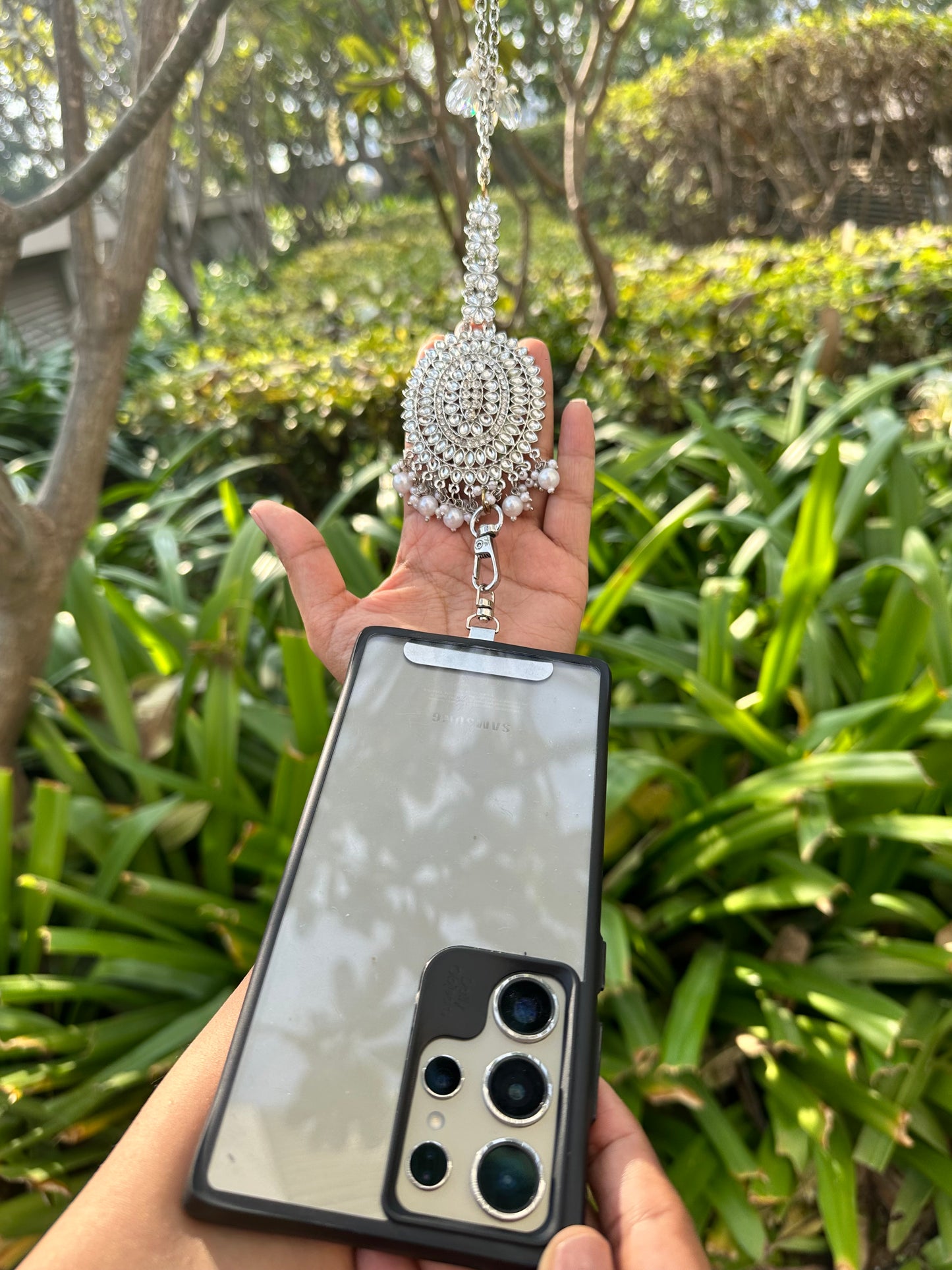 Handmade Silver Kundan Phone Sling – Silver Crossbody Chain with Charms, Universal Tether Tab