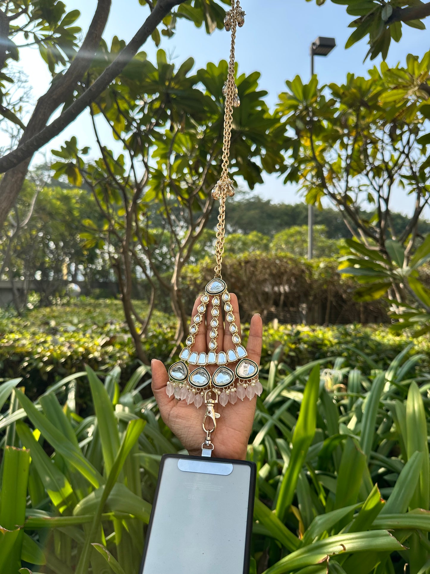 Handmade Polki Phone Sling – Gold Wedding Chain with Universal Tether and Charms