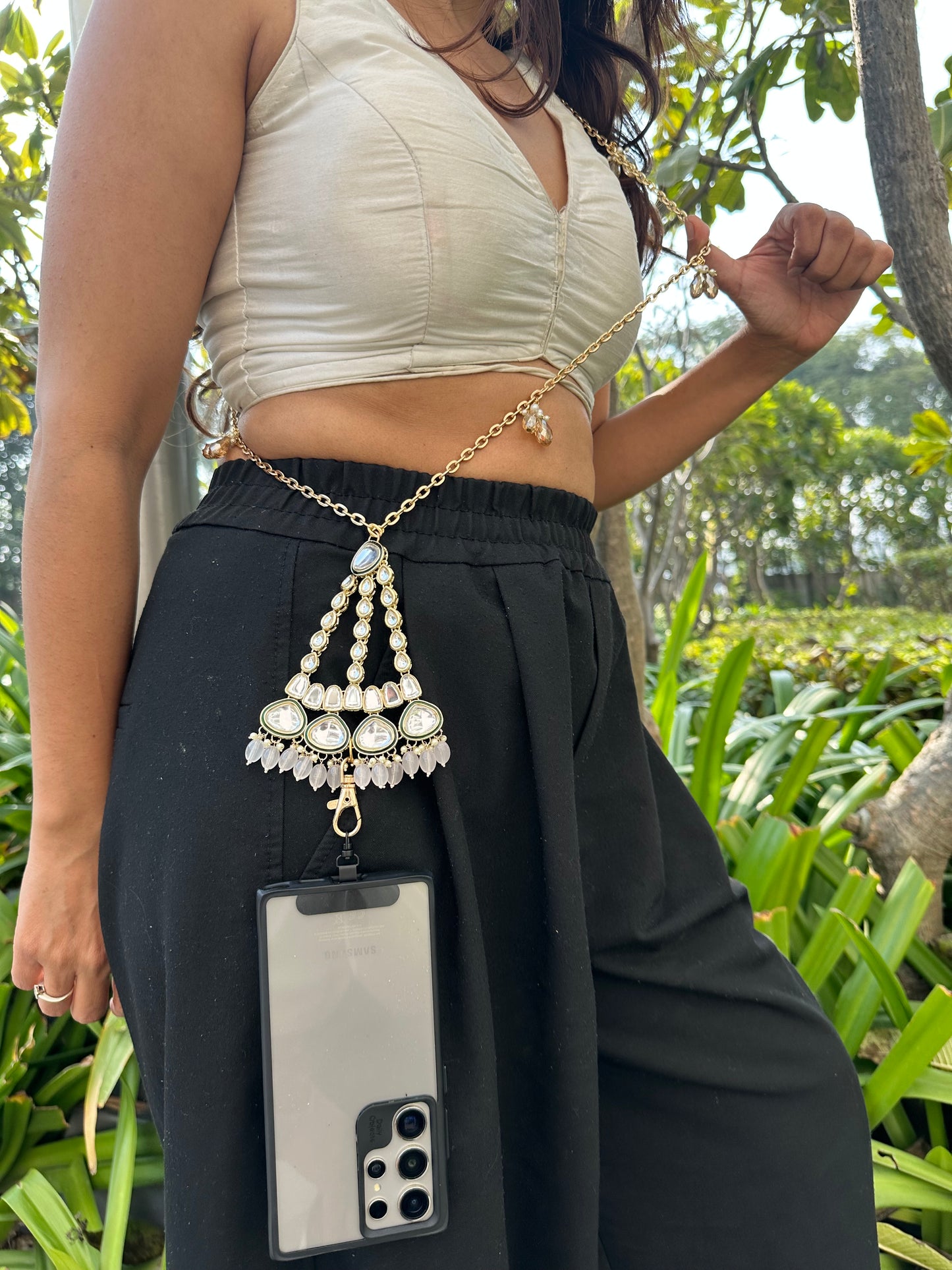 Handmade Polki Phone Sling – Gold Wedding Chain with Universal Tether and Charms