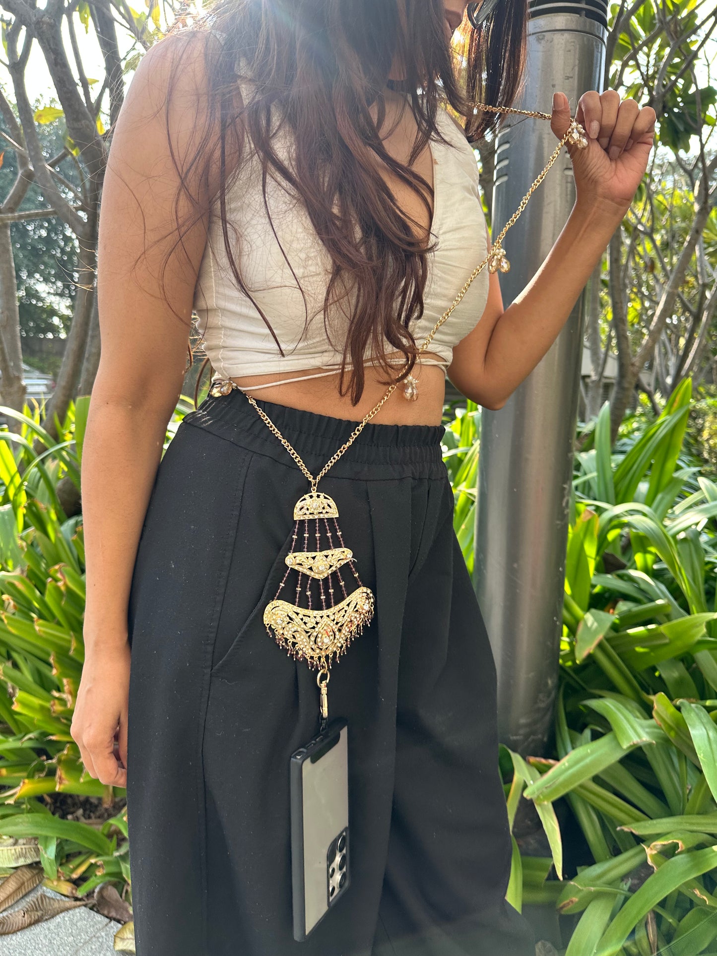 Handmade Tiered Kundan Phone Sling – Gold Crossbody Chain with Charms