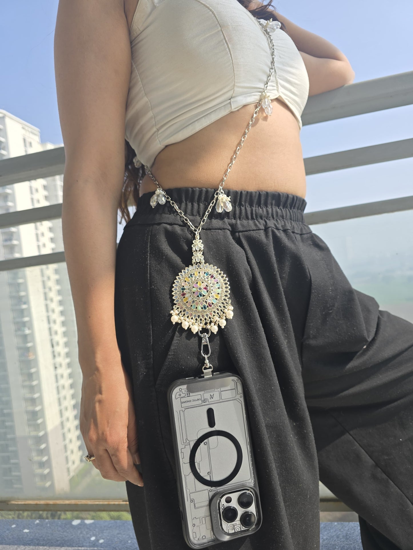 Handmade Silver Kundan Phone Sling – Silver Crossbody Chain with Charms, Universal Tether Tab