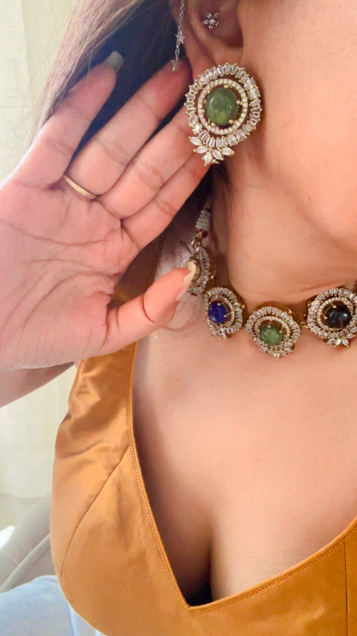 Sabyasachi Inspired Kundan Choker Necklace Set | Pastel Stones, Crystal Halo, Antique Gold Plating