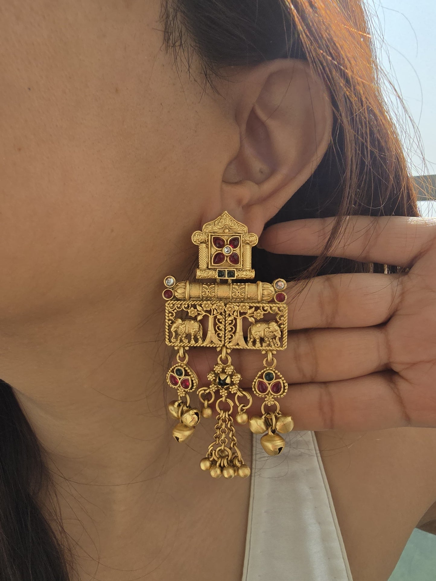 Elephant Temple Earrings | Matte Gold Indian Jewelry