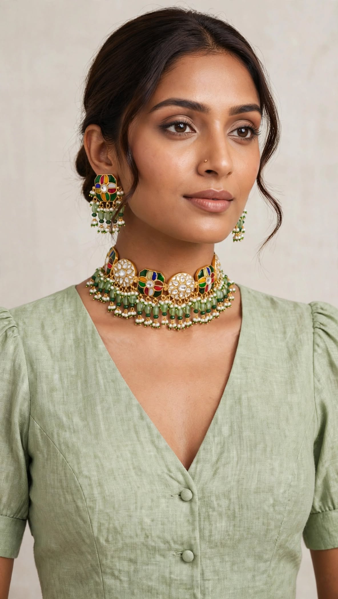 Medallion Green Pearl Drop | Traditional Pachi Kundan Choker Set with Pearl Strand & Hanging Beads | Meenakari Indian Bridal Jewelry | Pearl Cord Choker Earrings Set (Copy)