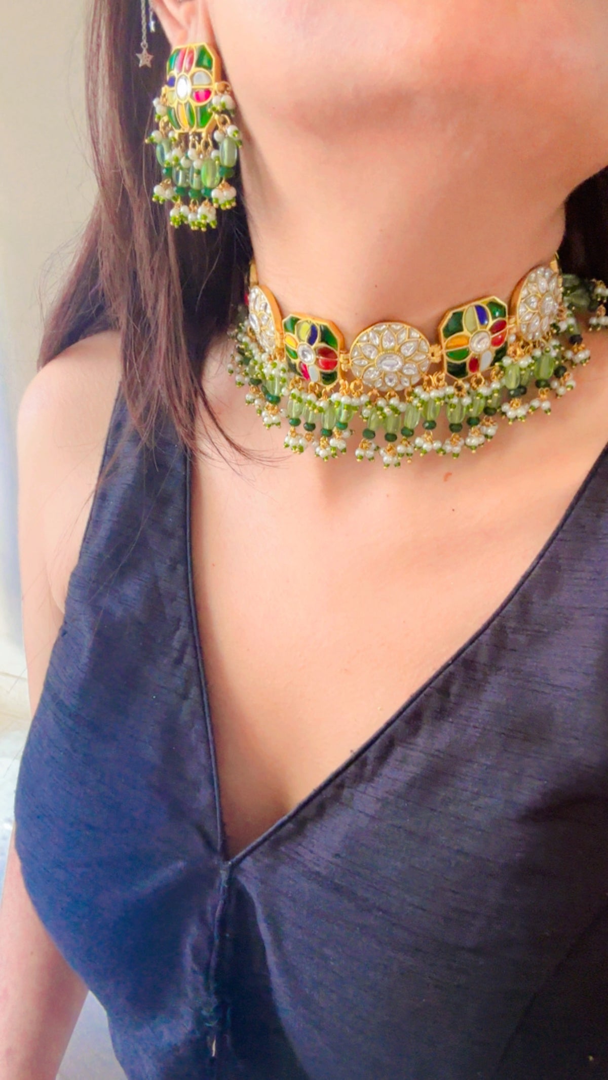 Medallion Green Pearl Drop | Traditional Pachi Kundan Choker Set with Pearl Strand & Hanging Beads | Meenakari Indian Bridal Jewelry | Pearl Cord Choker Earrings Set (Copy)
