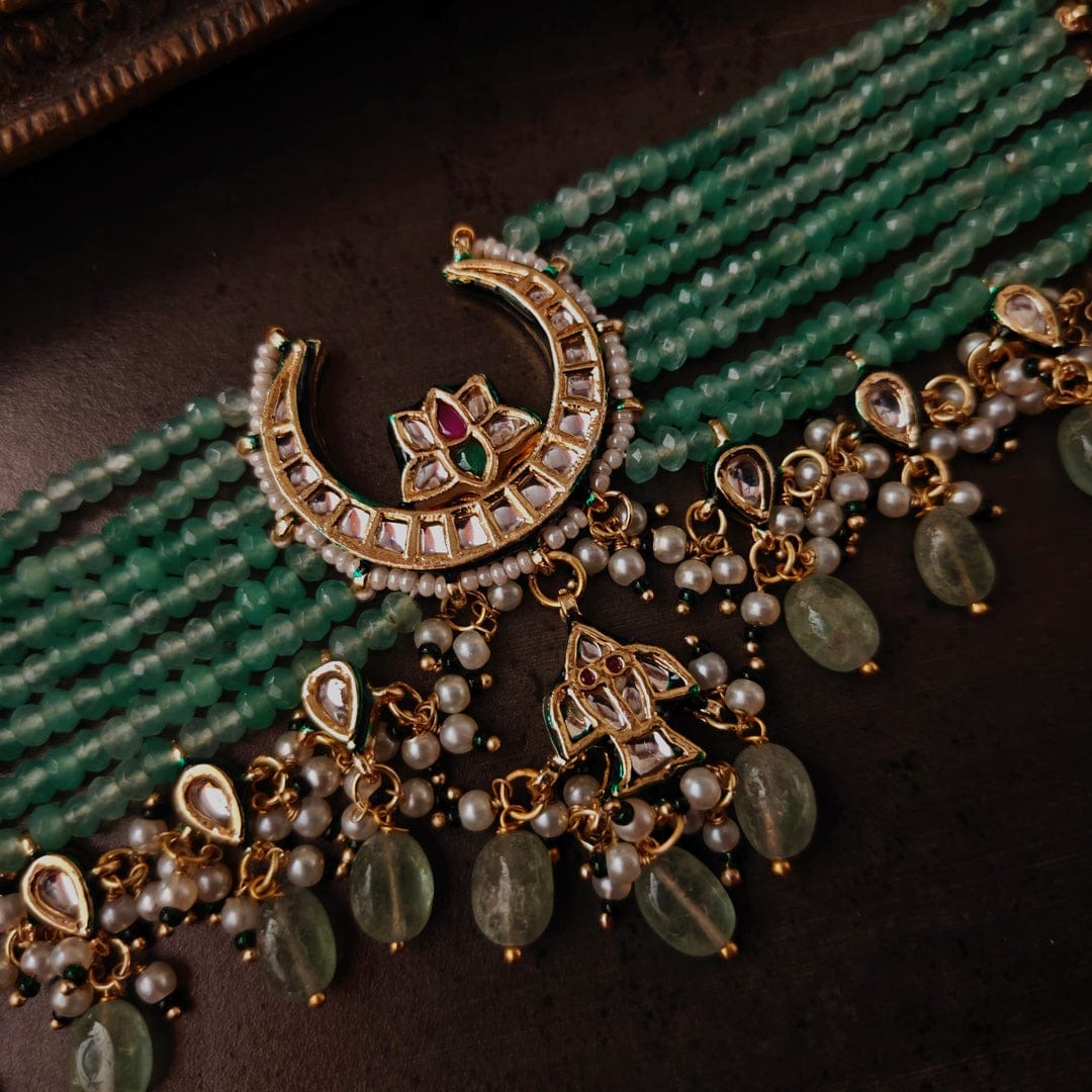 Bikaneri Mint Green Kundan Chaand Choker Necklace set