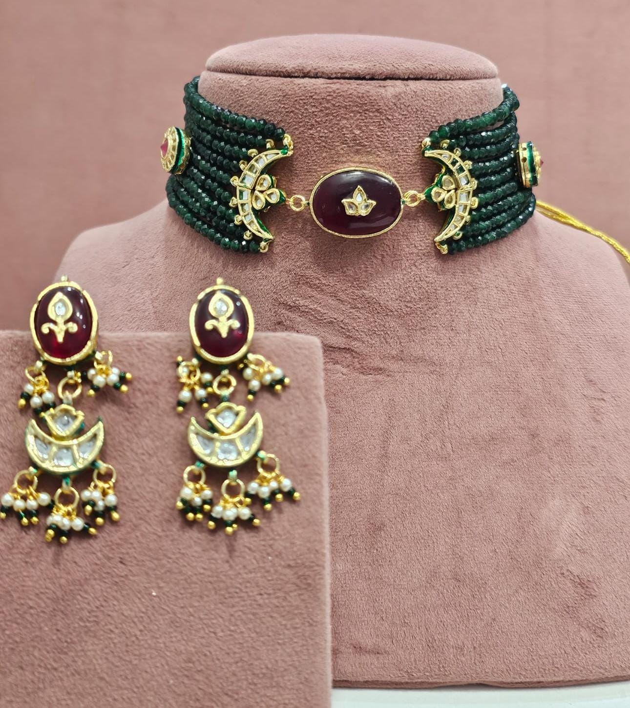 Emerald Green Multi-Strand Choker Set with Ruby Red Stone & Kundan Crescent Details
