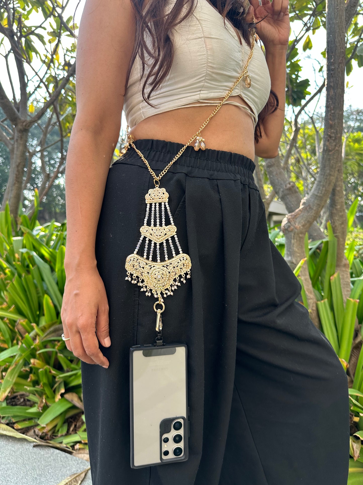 Handmade Tiered Kundan Phone Sling – Gold Crossbody Chain with Charms