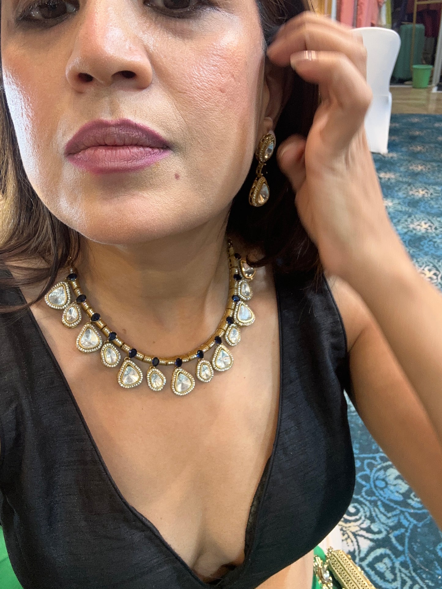 Polki Hasli Choker Set - Teardrop Earrings, Indian Jewelry