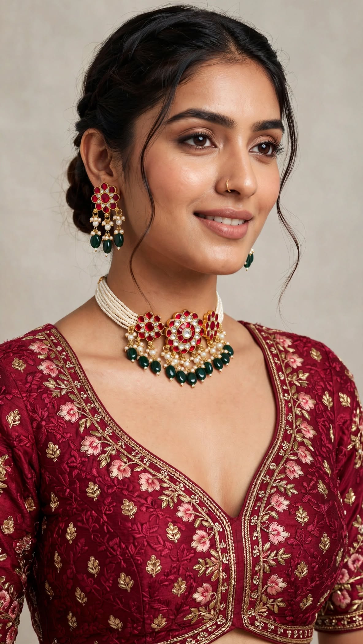 Ruby Floral Emerald Drop | Traditional Pachi Kundan Choker Set with Pearl Strand & Hanging Beads | Meenakari Indian Bridal Jewelry | Pearl Cord Choker Earrings Set (Copy) (Copy)