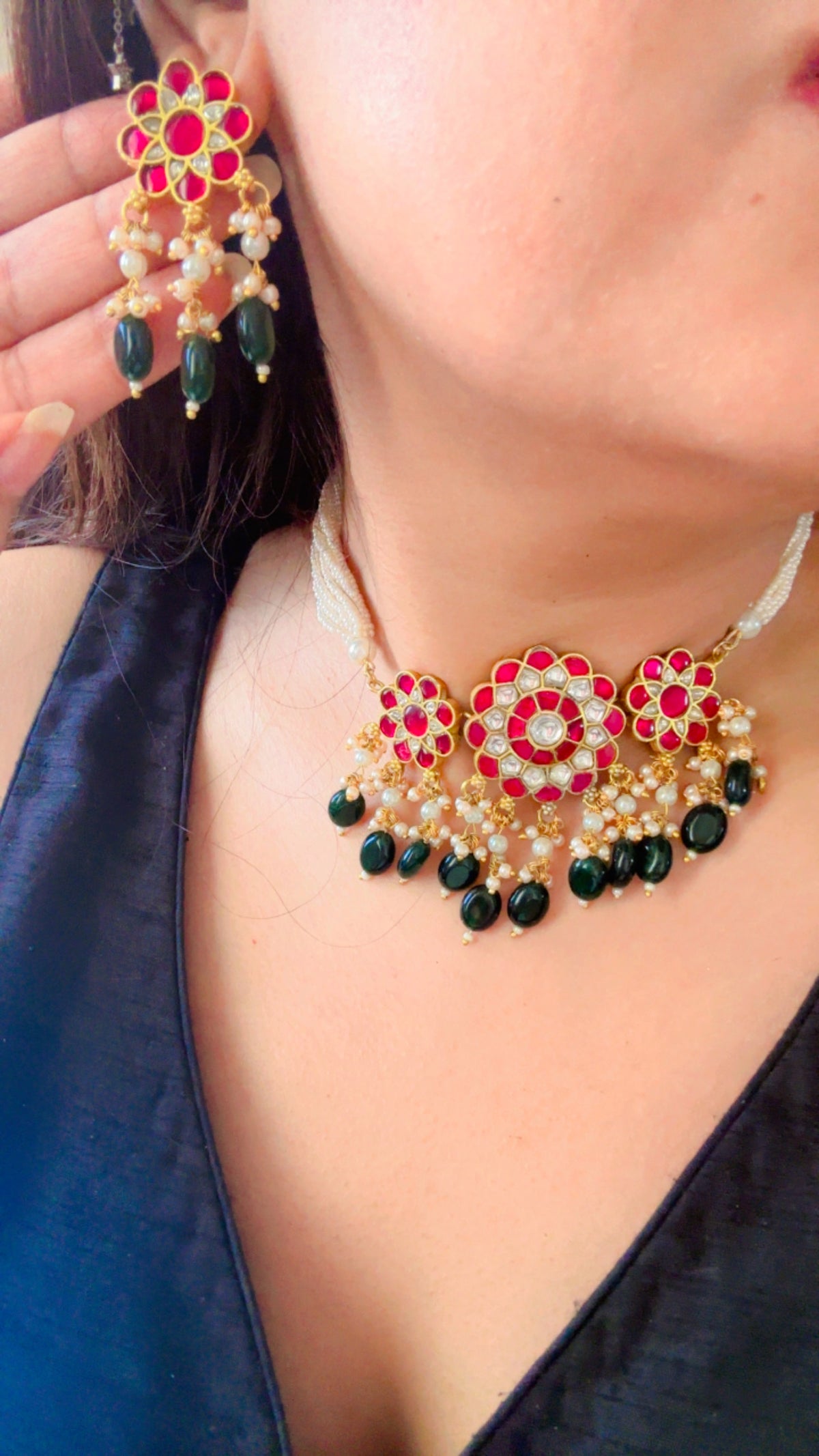 Ruby Floral Emerald Drop | Traditional Pachi Kundan Choker Set with Pearl Strand & Hanging Beads | Meenakari Indian Bridal Jewelry | Pearl Cord Choker Earrings Set (Copy) (Copy)