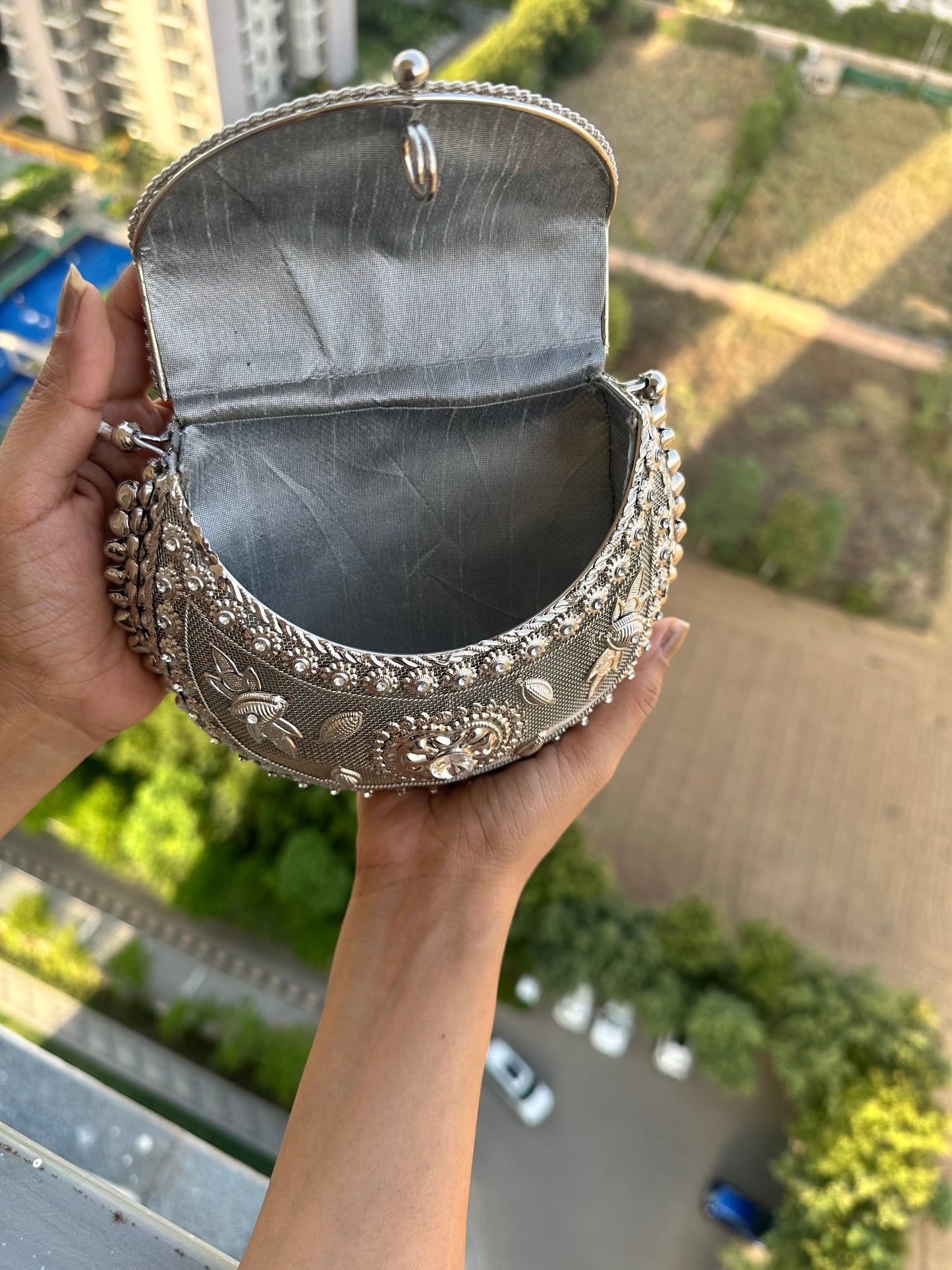 Silver Beaded Potli Clutch
