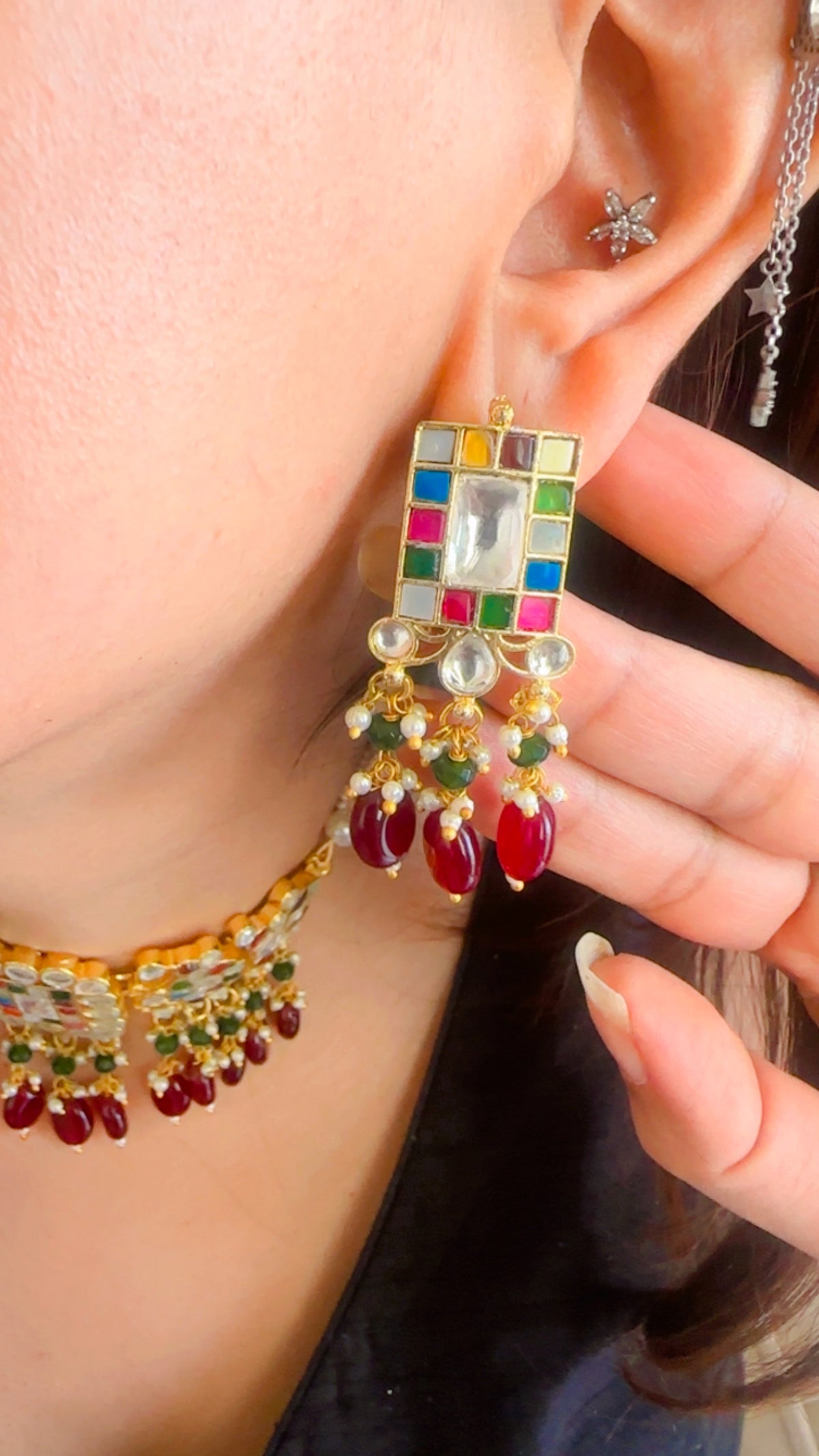 Square Meenakari Red Drop | Traditional Pachi Kundan Choker Set with Pearl Strand & Hanging Beads | Meenakari Indian Bridal Jewelry | Pearl Cord Choker Earrings Set