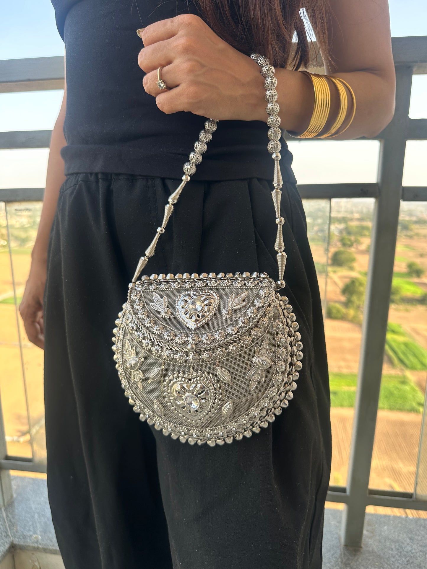 Silver Beaded Potli Clutch