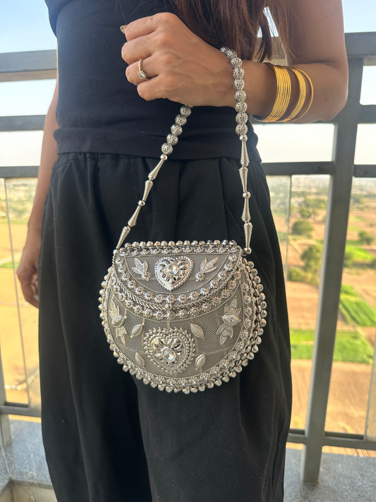 Silver Beaded Potli Clutch