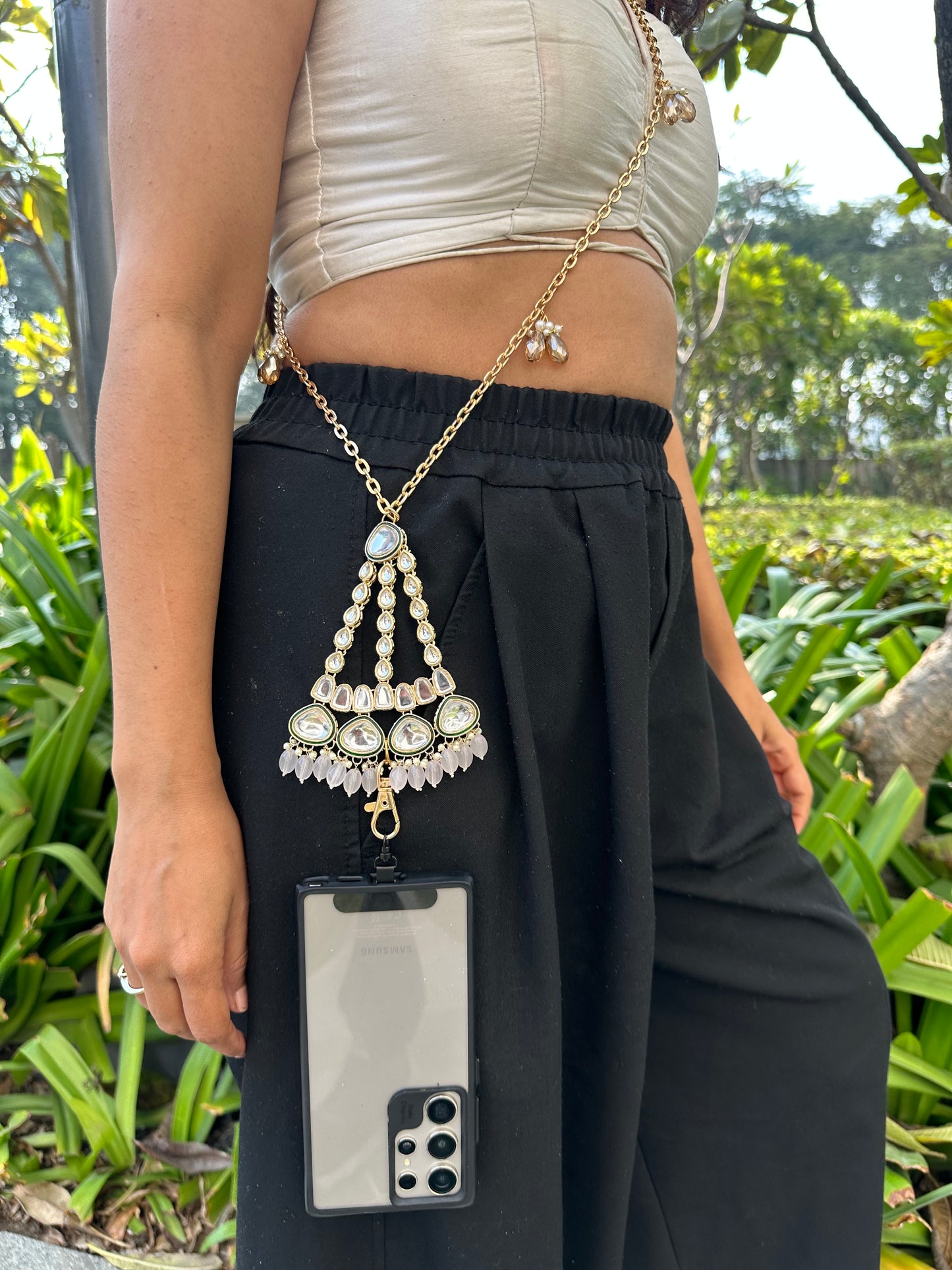 Handmade Polki Phone Sling – Gold Wedding Chain with Universal Tether and Charms